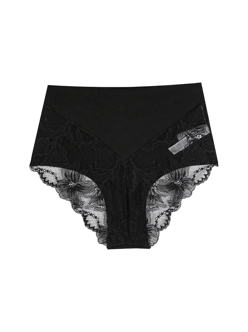 Slip donna taglio laser a vita alta in cotone e pizzo - nero