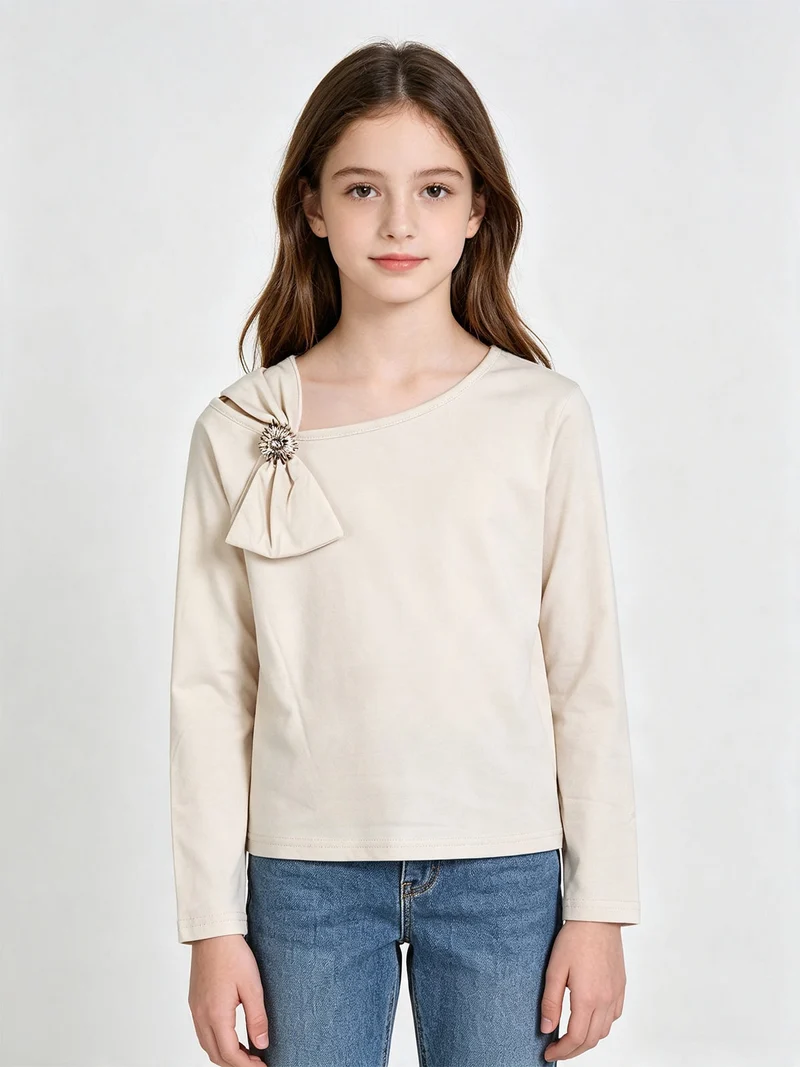 Top da bambina a maniche lunghe con dettaglio sullo scollo - beige