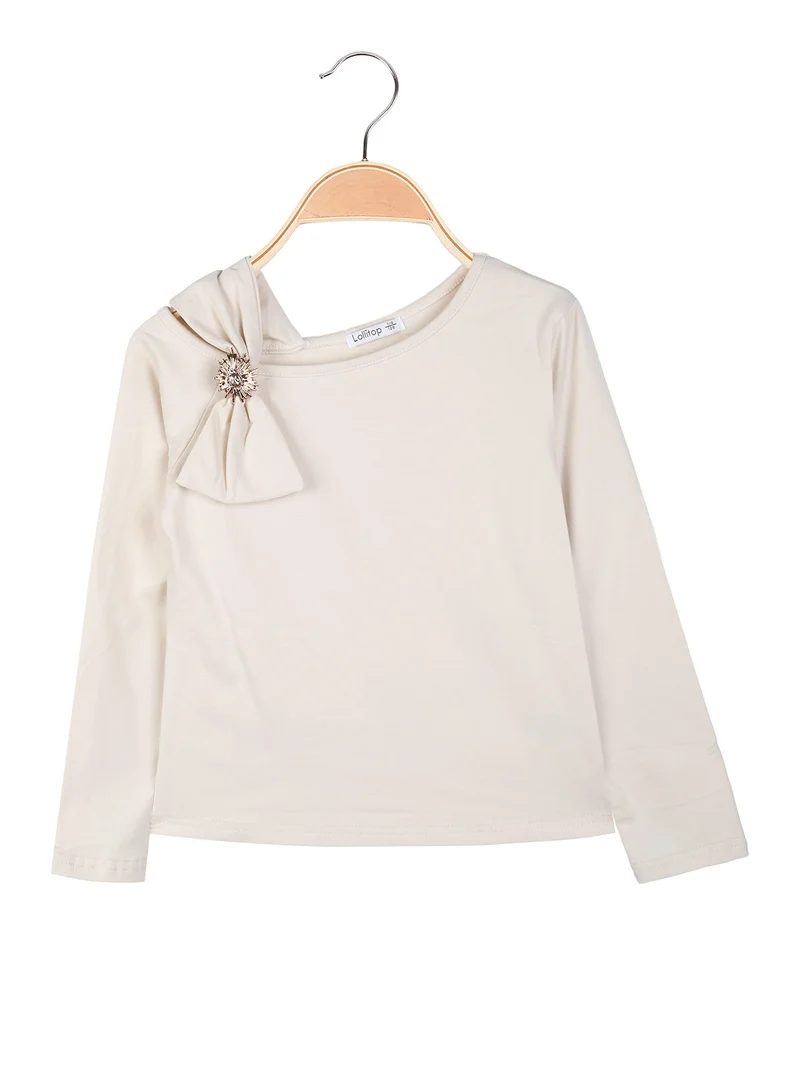Top da bambina a maniche lunghe con dettaglio sullo scollo - beige