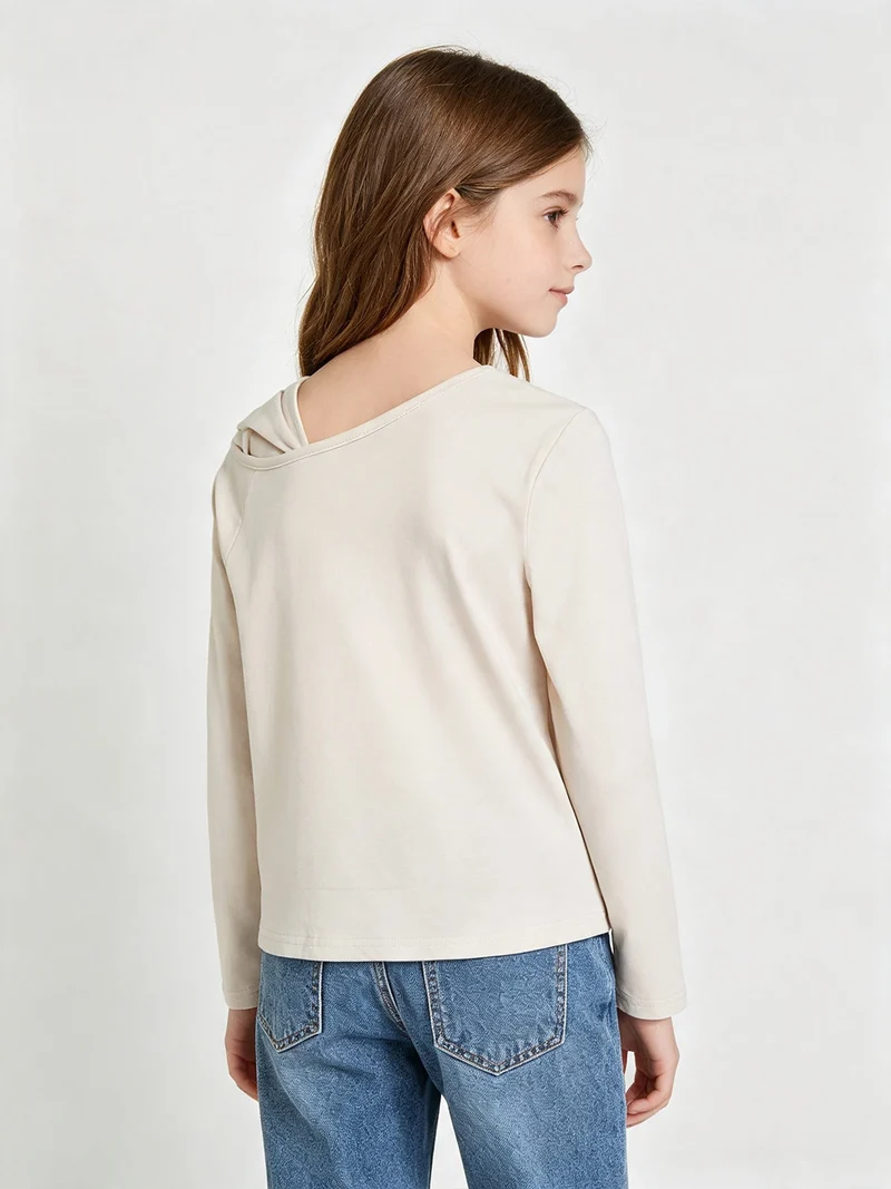 Top da bambina a maniche lunghe con dettaglio sullo scollo - beige