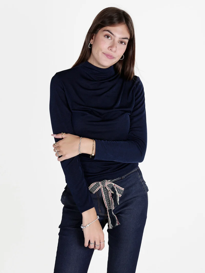 Maglia donna accollata a maniche lunghe - blu scuro