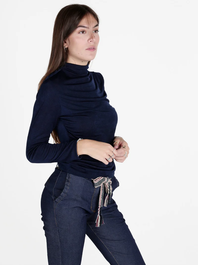 Maglia donna accollata a maniche lunghe - blu scuro
