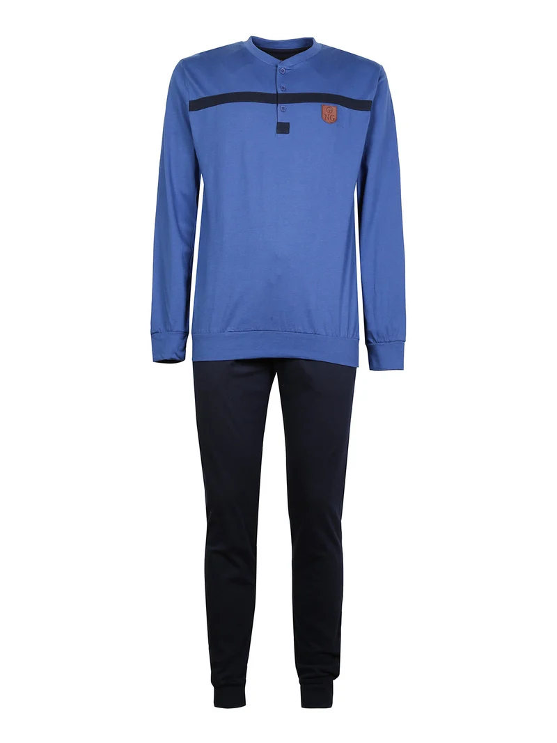Pigiama lungo uomo in cotone bicolor - blu