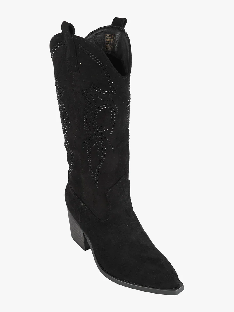 Stivali donna texani con strass in tessuto scamosciato - nero