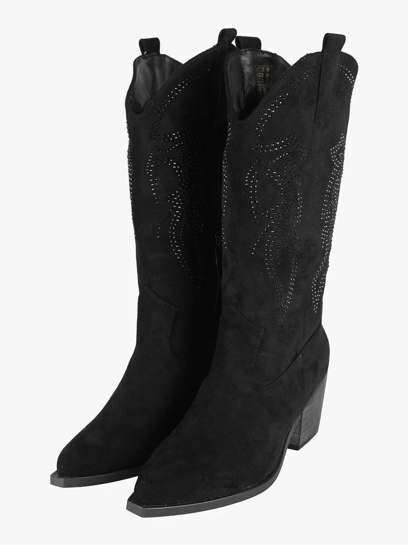 Stivali donna texani con strass in tessuto scamosciato - nero