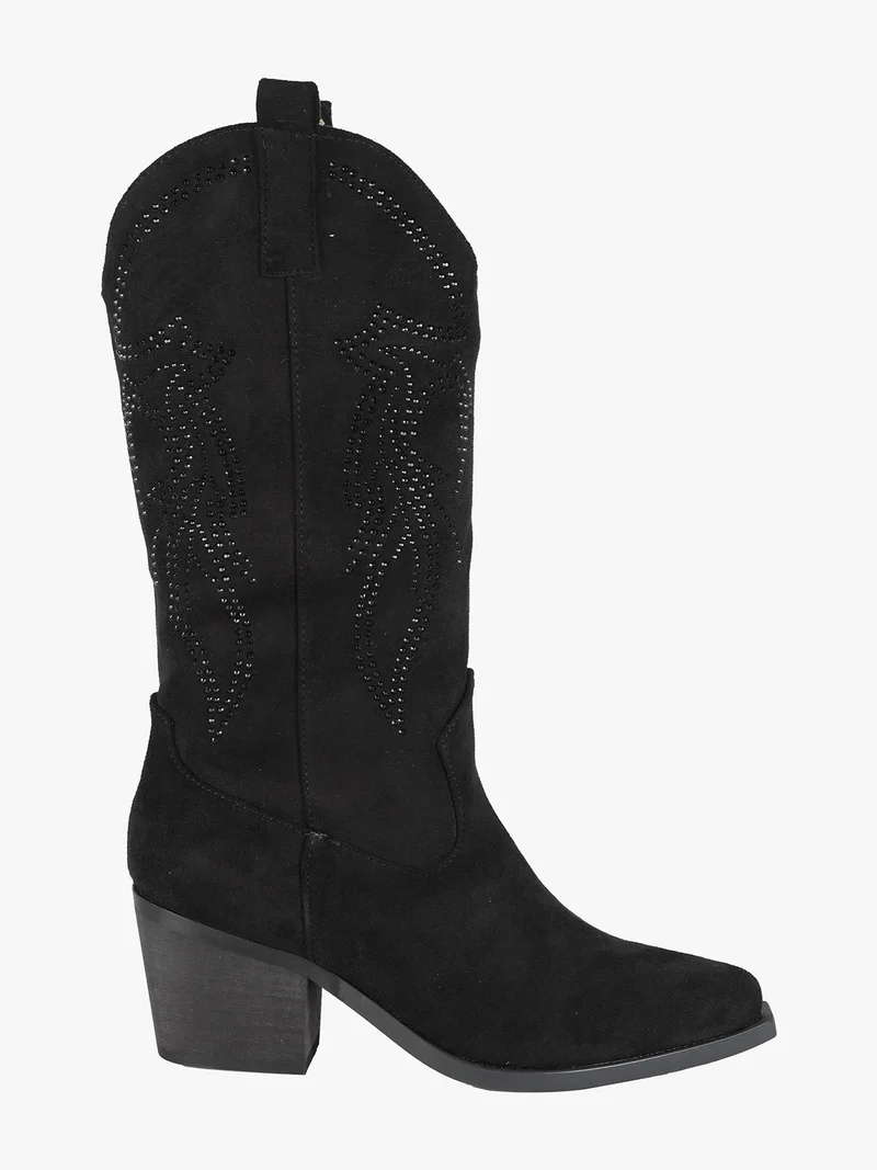 Stivali donna texani con strass in tessuto scamosciato - nero