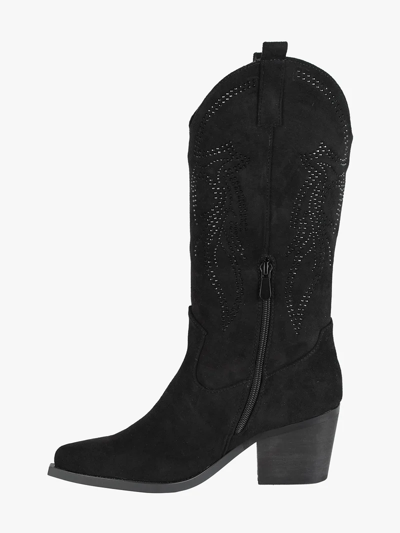 Stivali donna texani con strass in tessuto scamosciato - nero