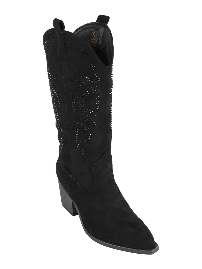 Stivali donna texani con strass in tessuto scamosciato - nero