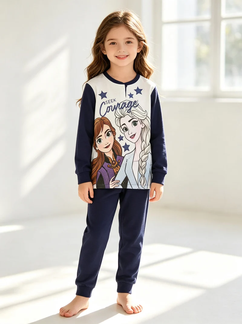 Pigiama lungo da bambina in caldo cotone - blu scuro