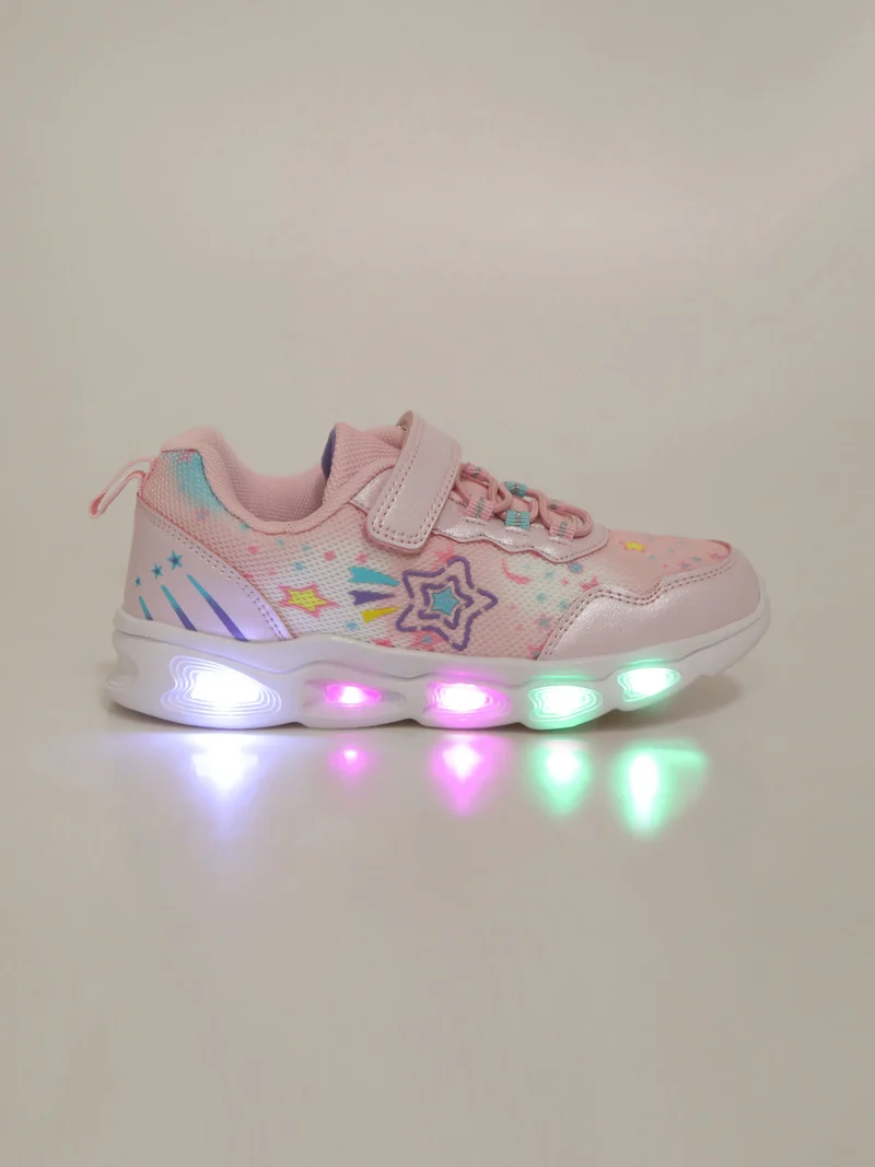 Sneakers da bambina con chiusura a strappo e luci - rosa