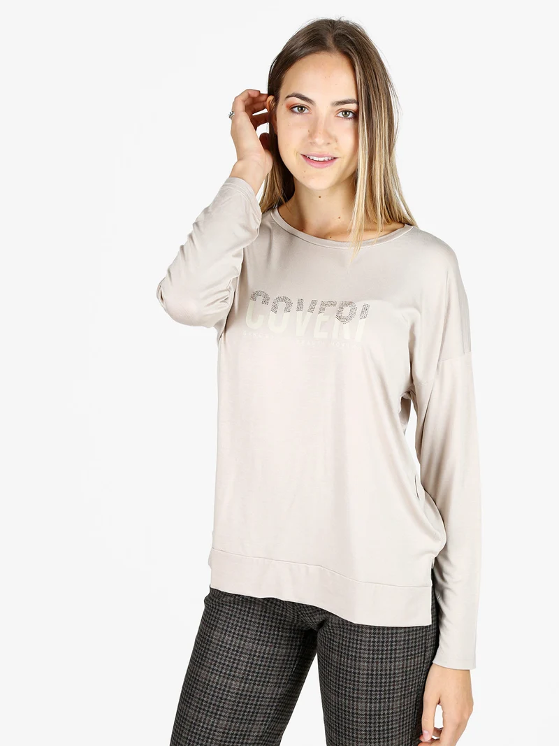 T-shirt donna a maniche lunghe con strass - beige