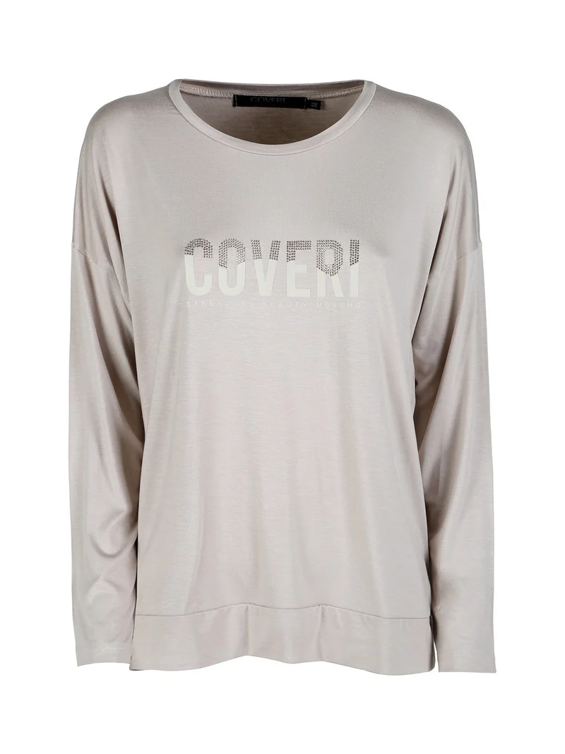 T-shirt donna a maniche lunghe con strass - beige