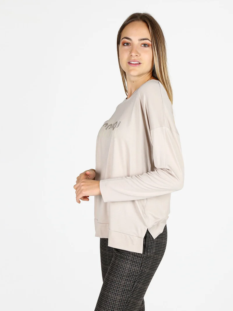 T-shirt donna a maniche lunghe con strass - beige