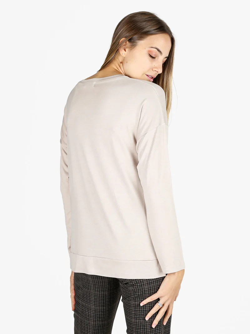 T-shirt donna a maniche lunghe con strass - beige