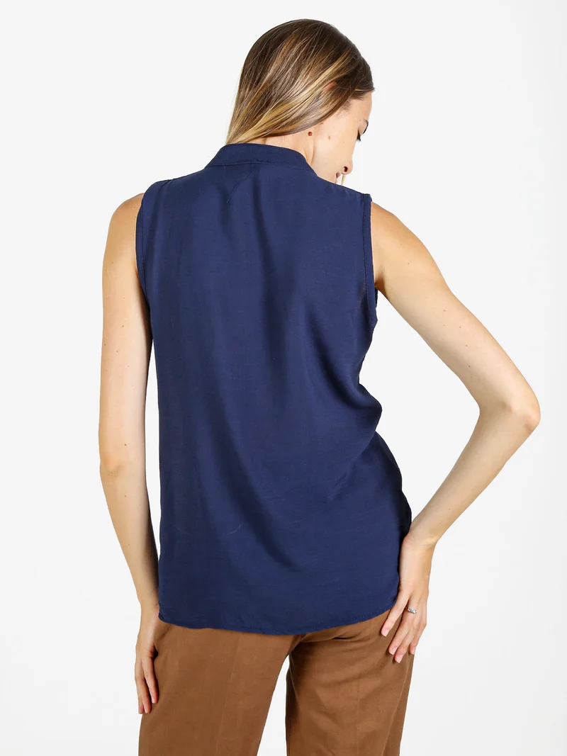 Top donna in viscosa con scollo a V - blu scuro