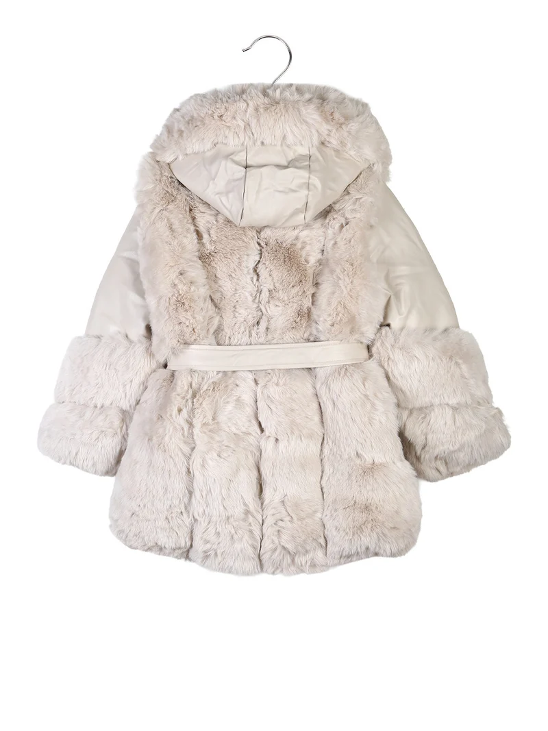 Cappotto da bambina in ecopelliccia con cappuccio e dettagli ecopelle - beige