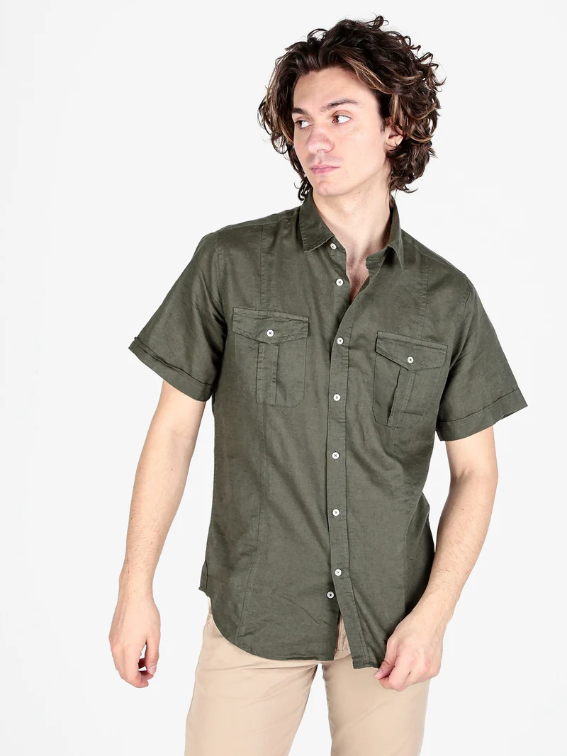 Camicia da uomo misto lino a maniche corte - militare