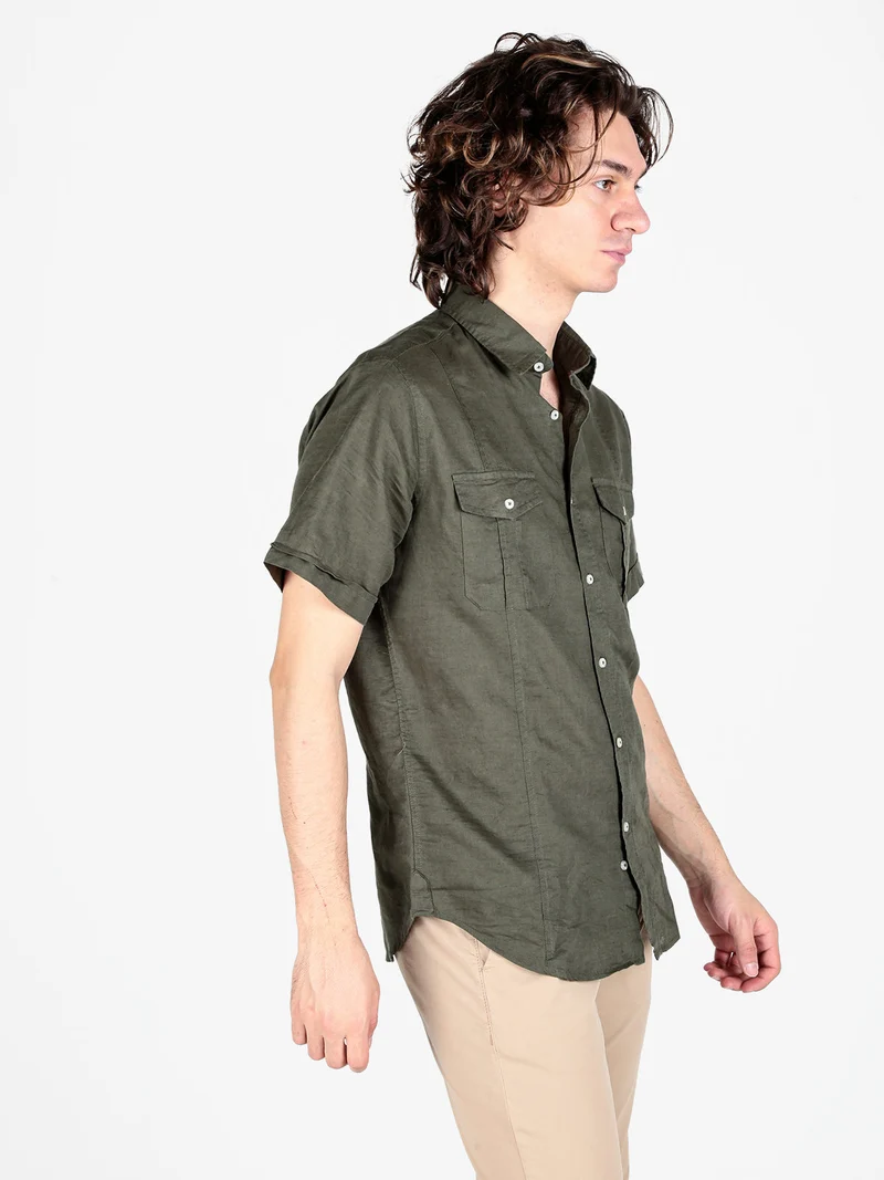 Camicia da uomo misto lino a maniche corte - militare