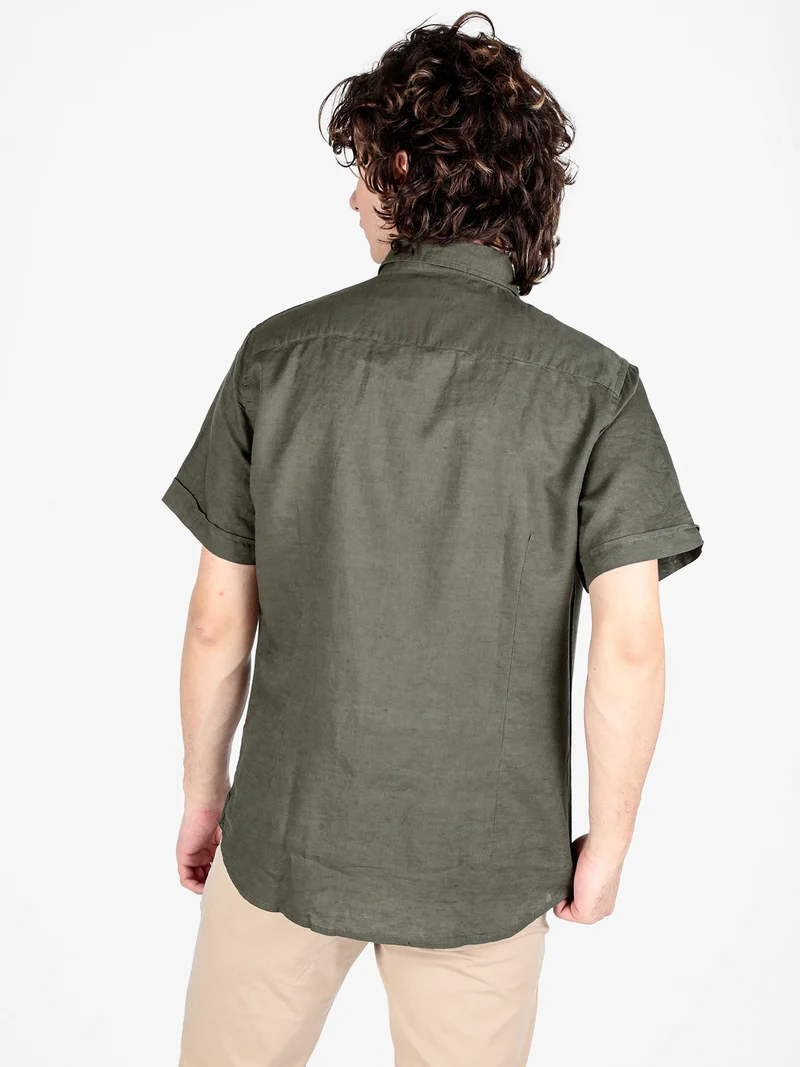 Camicia da uomo misto lino a maniche corte - militare