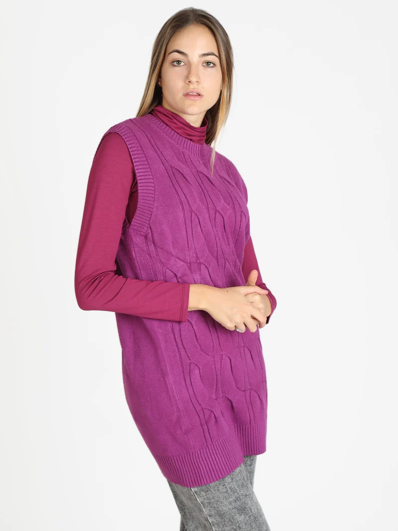 Gilet lungo in maglia da donna - fucsia