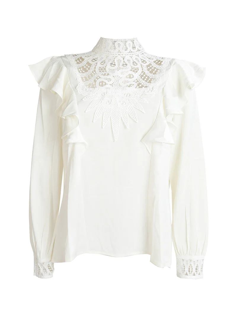 Blusa donna con inserti in macramè - bianco