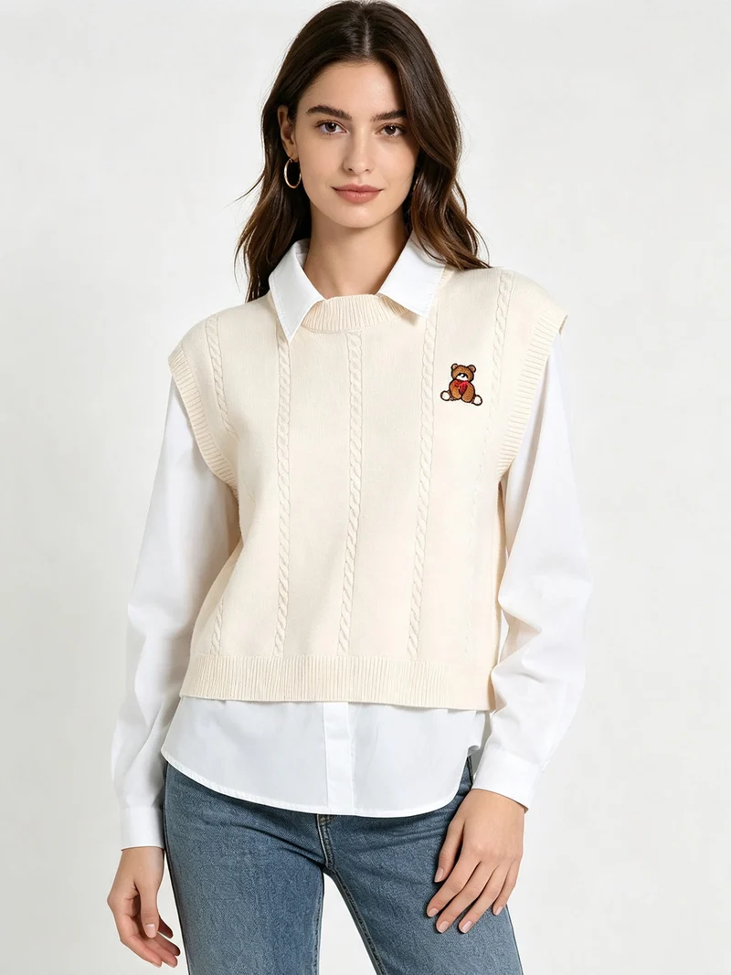 Maglione donna con inserto a camicia - panna