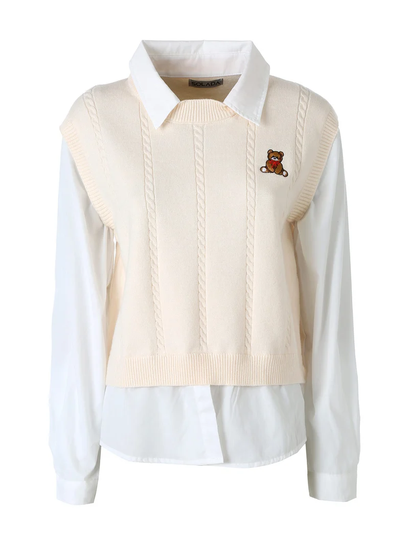 Maglione donna con inserto a camicia - panna