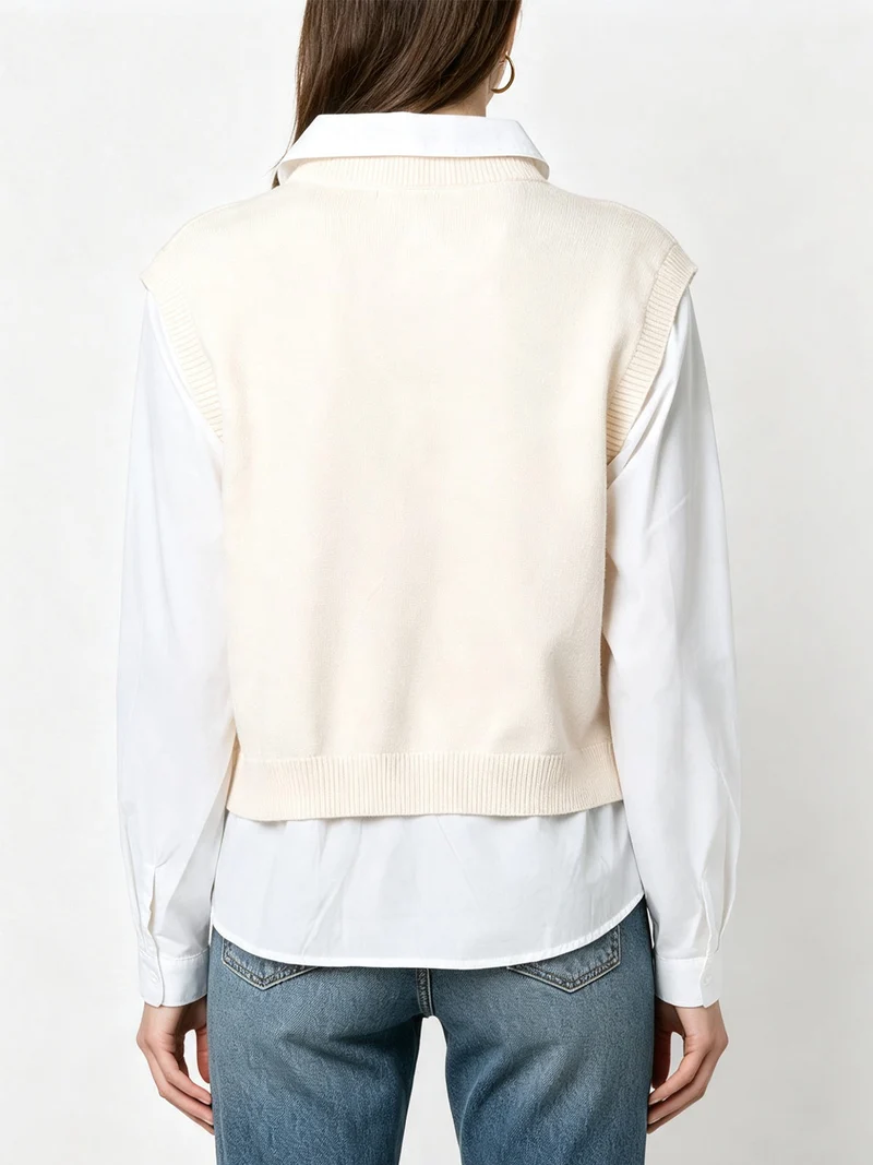 Maglione donna con inserto a camicia - panna
