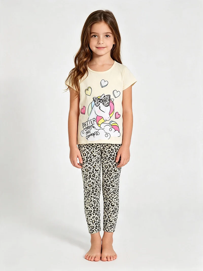 Completo bambina 2 pezzi con t-shirt e leggings maculati a 3/4 - giallo