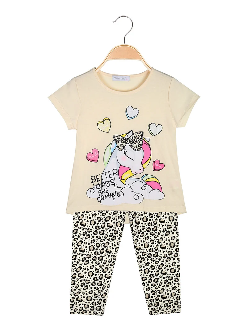 Completo bambina 2 pezzi con t-shirt e leggings maculati a 3/4 - giallo