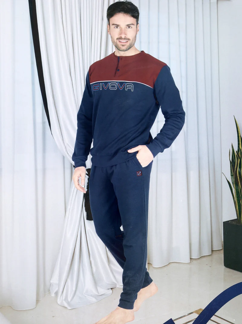 Pigiama lungo da uomo in cotone interlock - blu scuro