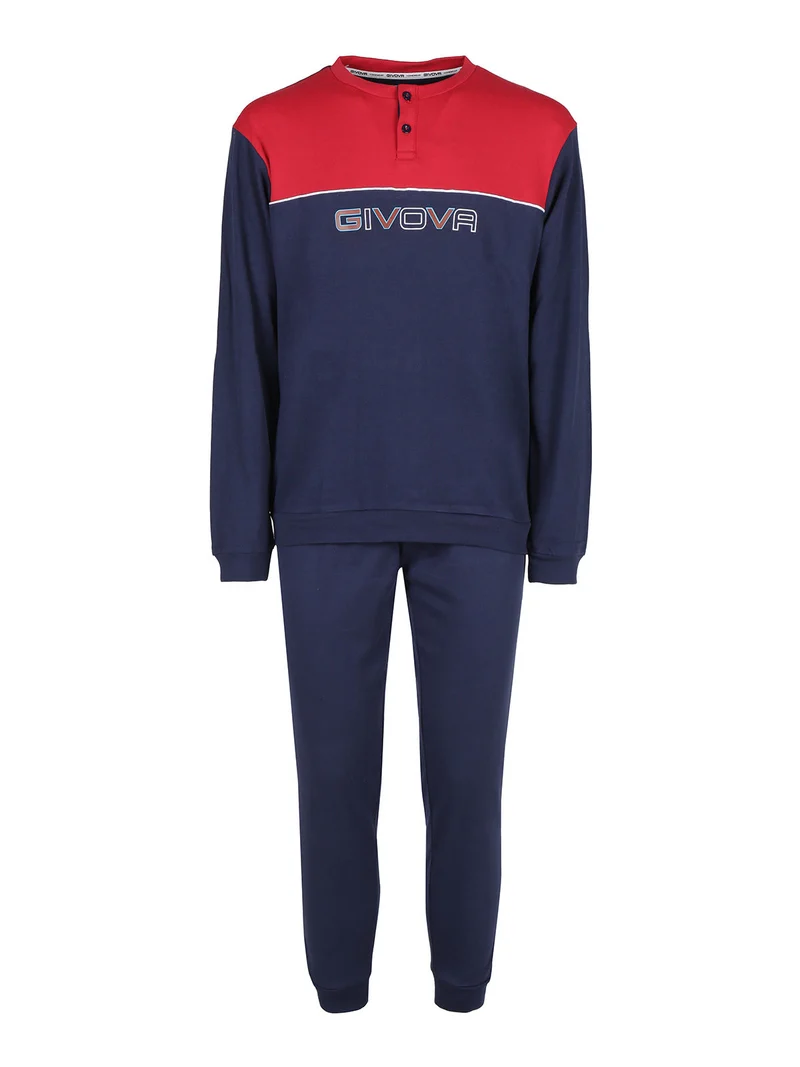 Pigiama lungo da uomo in cotone interlock - blu scuro