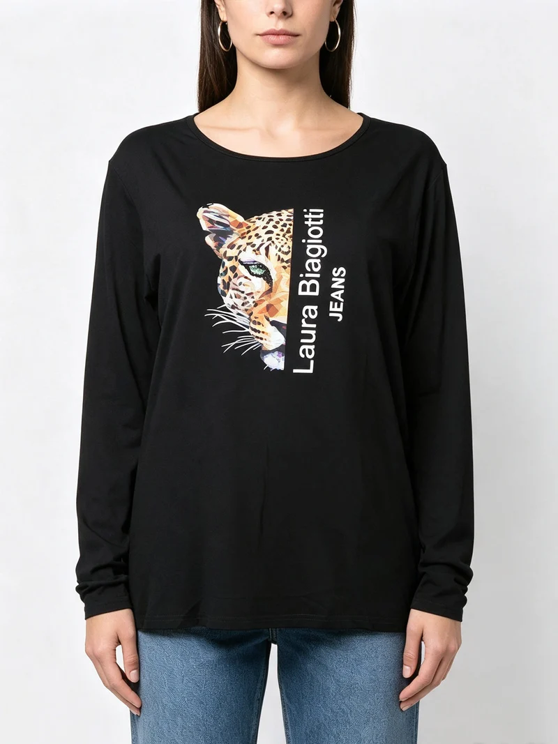 T-shirt donna a maniche lunghe con stampa ghepardo - nero