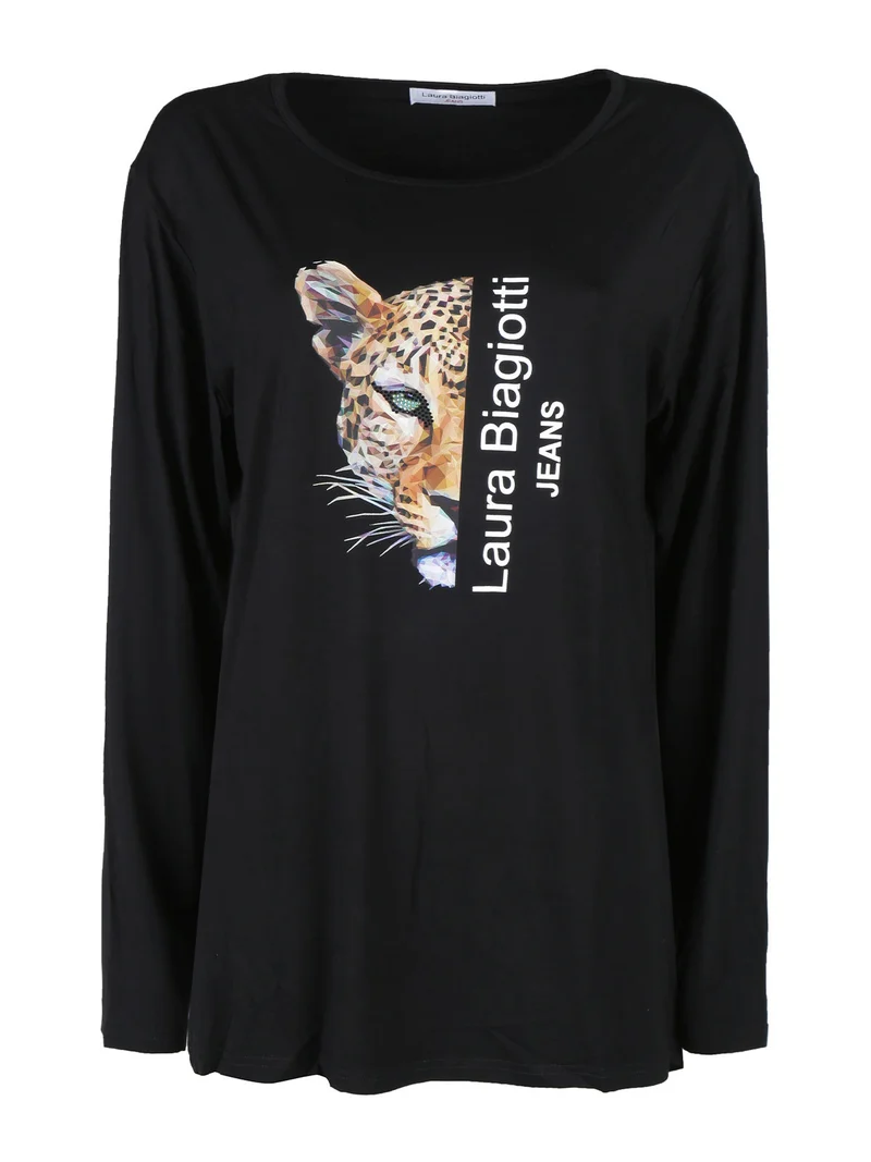 T-shirt donna a maniche lunghe con stampa ghepardo - nero