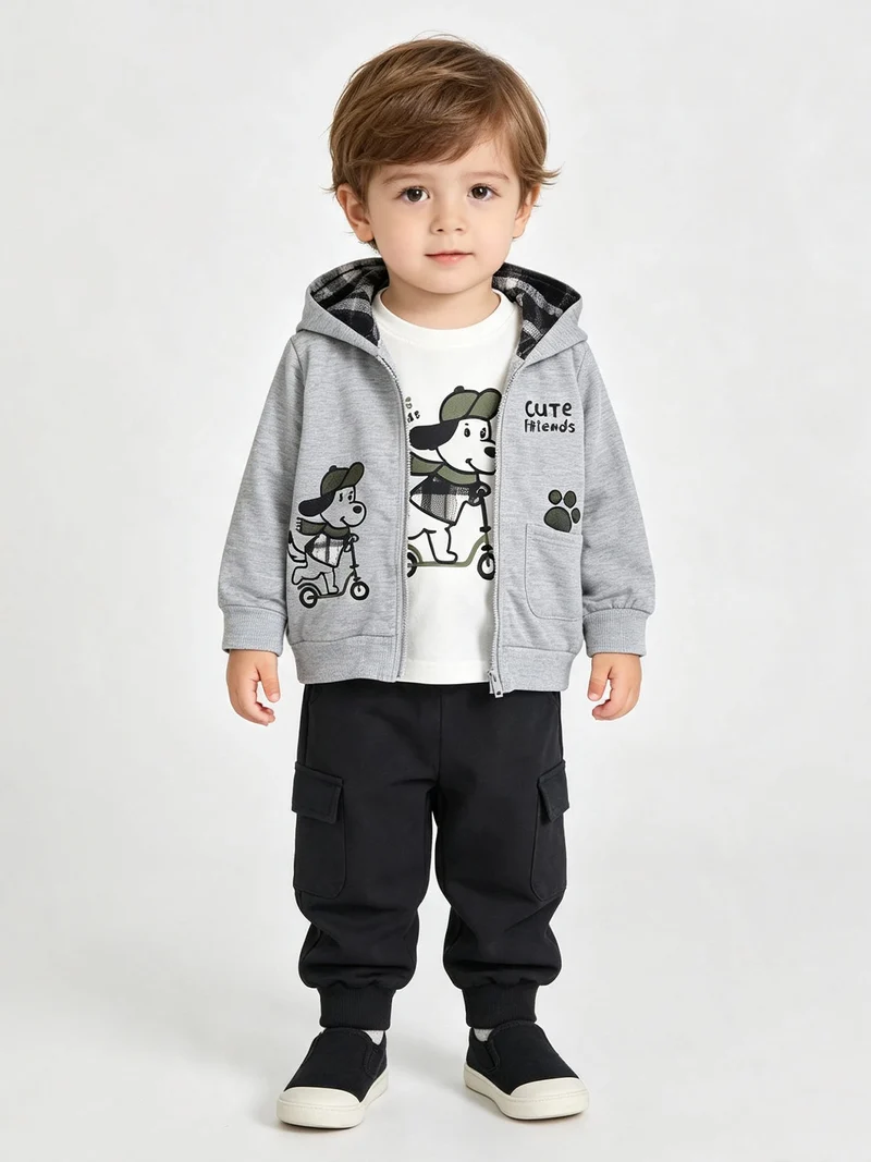Completo 3 pezzi da neonato con cappuccio e zip - grigio