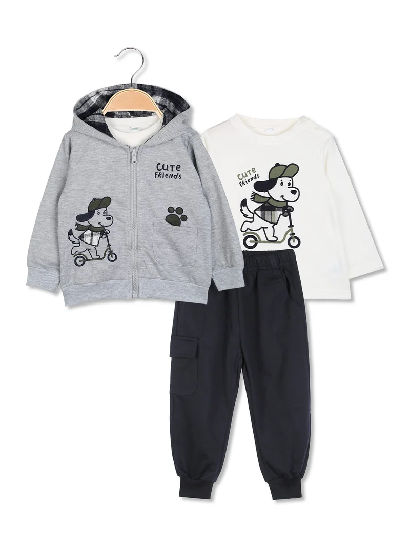 Completo 3 pezzi da neonato con cappuccio e zip - grigio