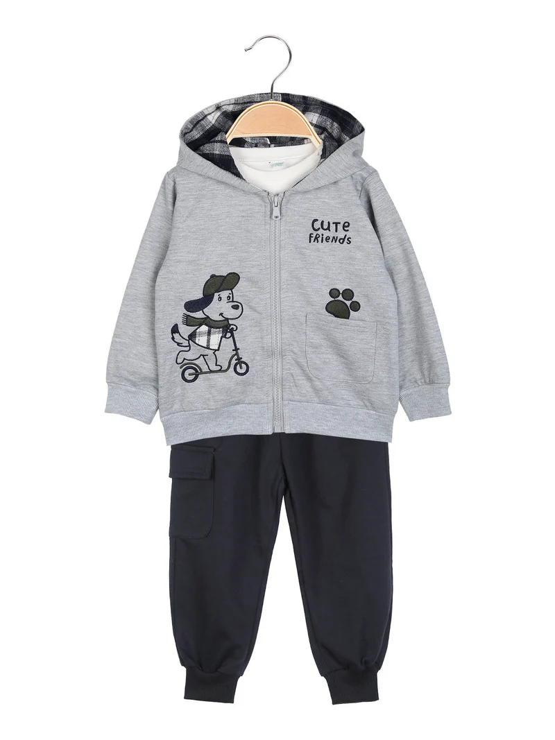 Completo 3 pezzi da neonato con cappuccio e zip - grigio