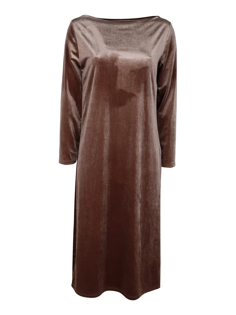 Abito lungo da donna in velluto con cintura - cammello