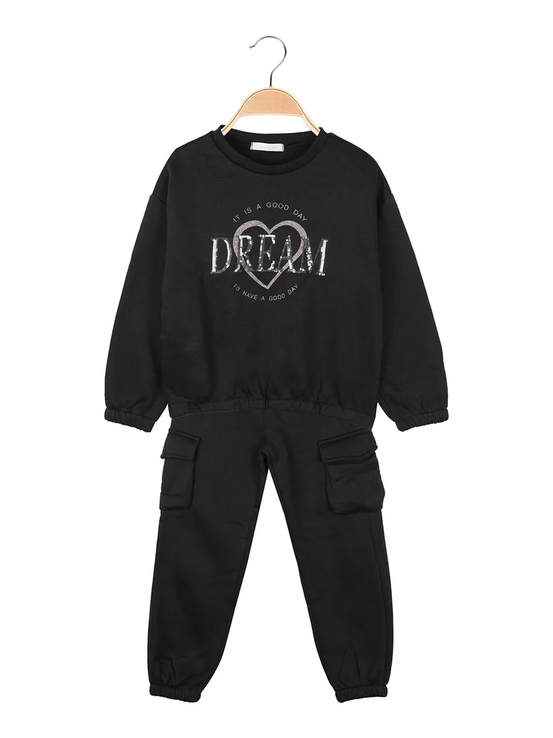 Completo tuta da bambina felpata 2 pezzi con pantaloni cargo - nero