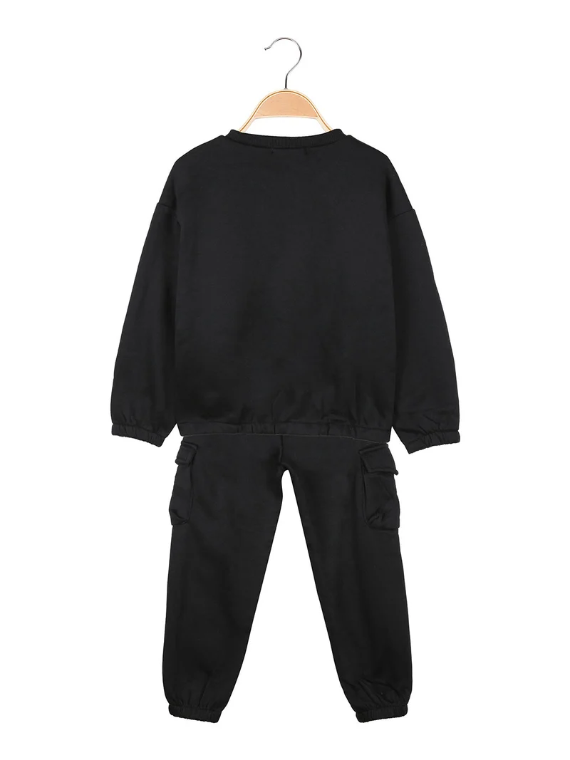 Completo tuta da bambina felpata 2 pezzi con pantaloni cargo - nero