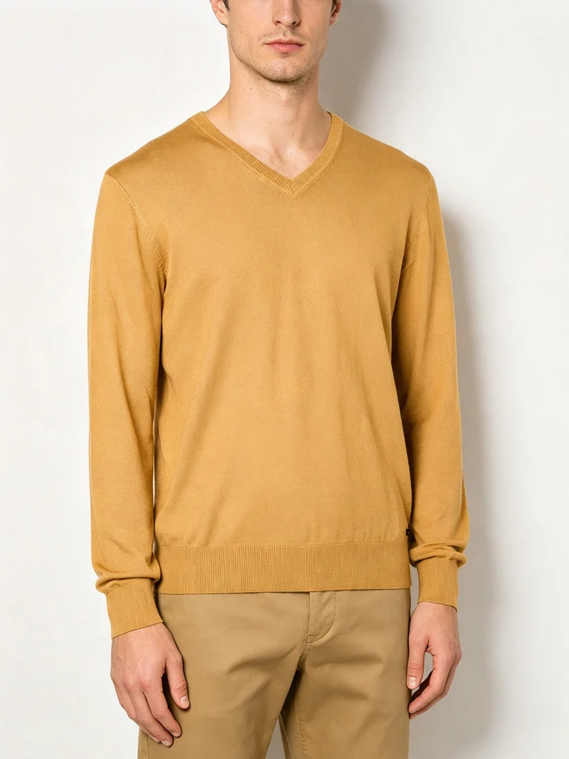 Pullover da uomo in maglia con scollo a V - senape
