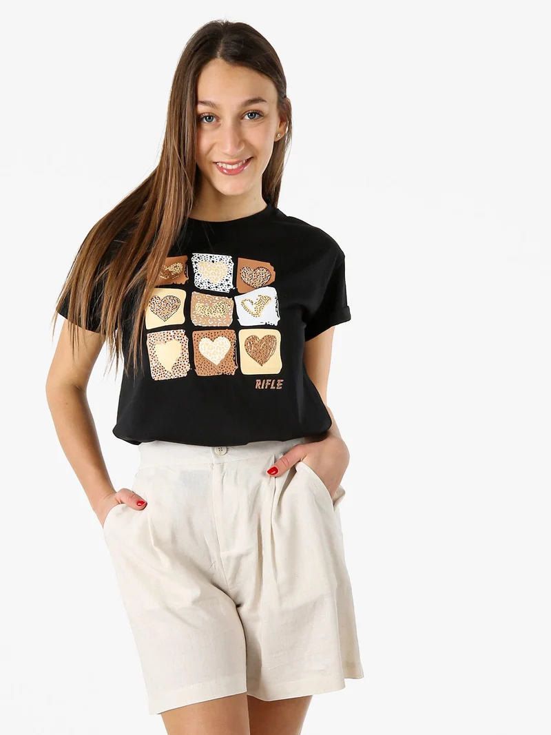 T-shirt girocollo da donna in cotone con stampe e strass - nero
