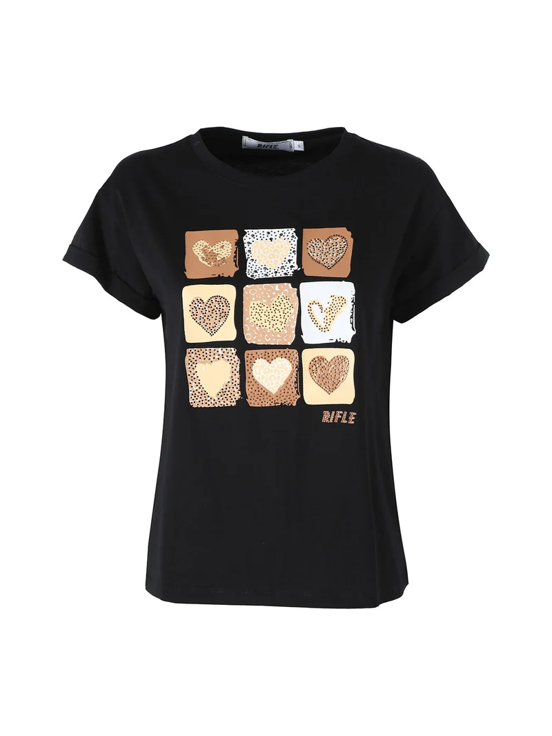 T-shirt girocollo da donna in cotone con stampe e strass - nero