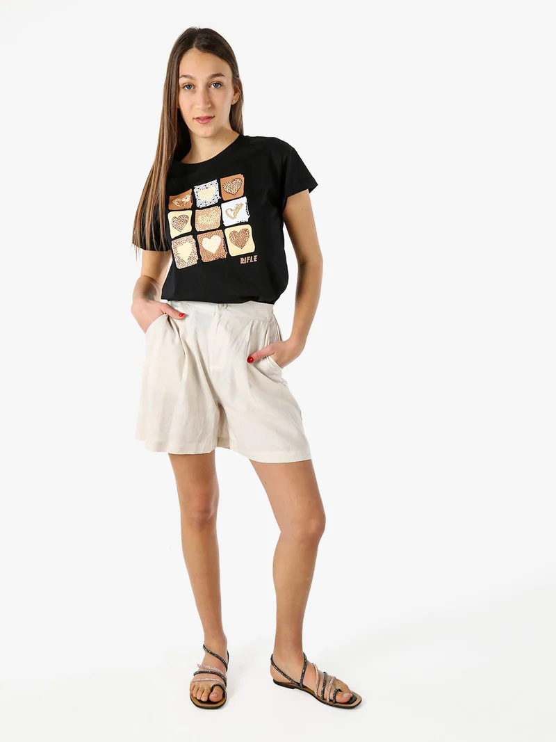 T-shirt girocollo da donna in cotone con stampe e strass - nero