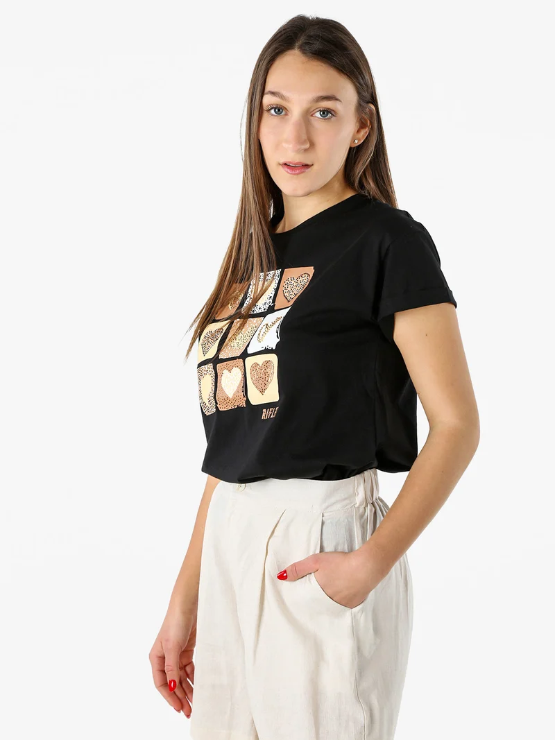 T-shirt girocollo da donna in cotone con stampe e strass - nero