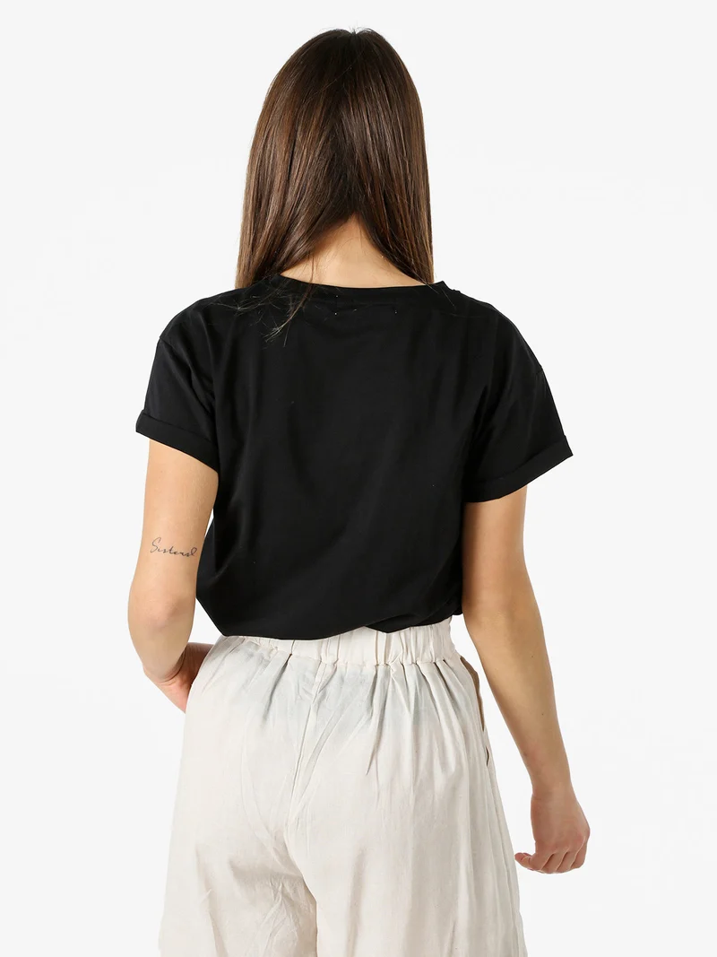 T-shirt girocollo da donna in cotone con stampe e strass - nero