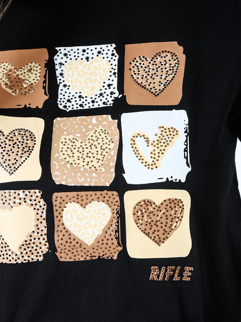 T-shirt girocollo da donna in cotone con stampe e strass - nero