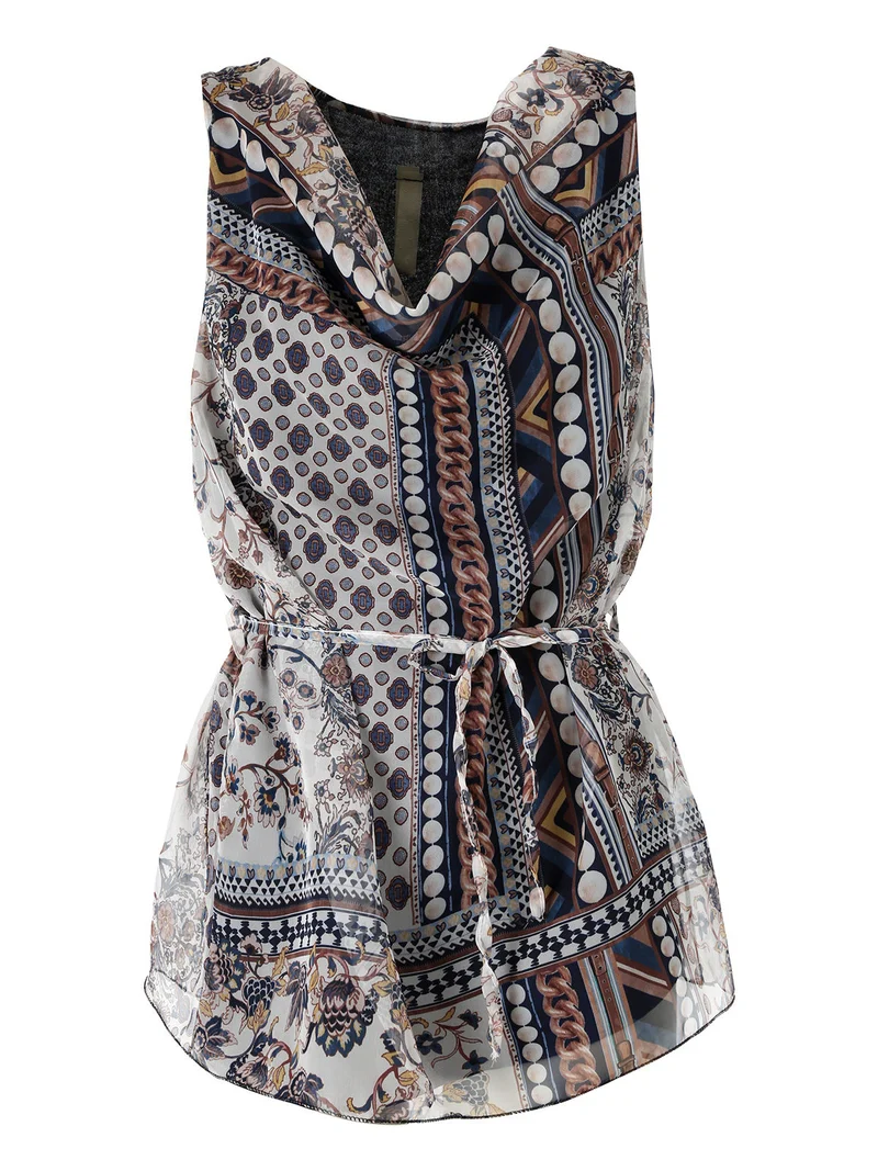 Blusa donna smanicata con scollo a cascata e stampe - blu scuro