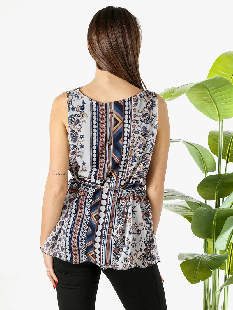 Blusa donna smanicata con scollo a cascata e stampe - blu scuro