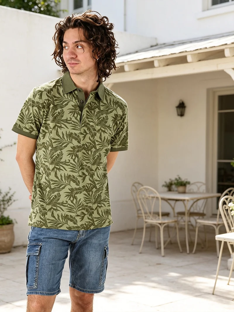 Polo da uomo in cotone a maniche corte con stampa floreale - verde